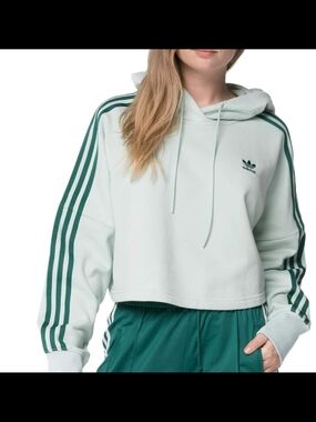 Adidas Cropped Hoodie in Light Mint with Forest Green Stripes Small